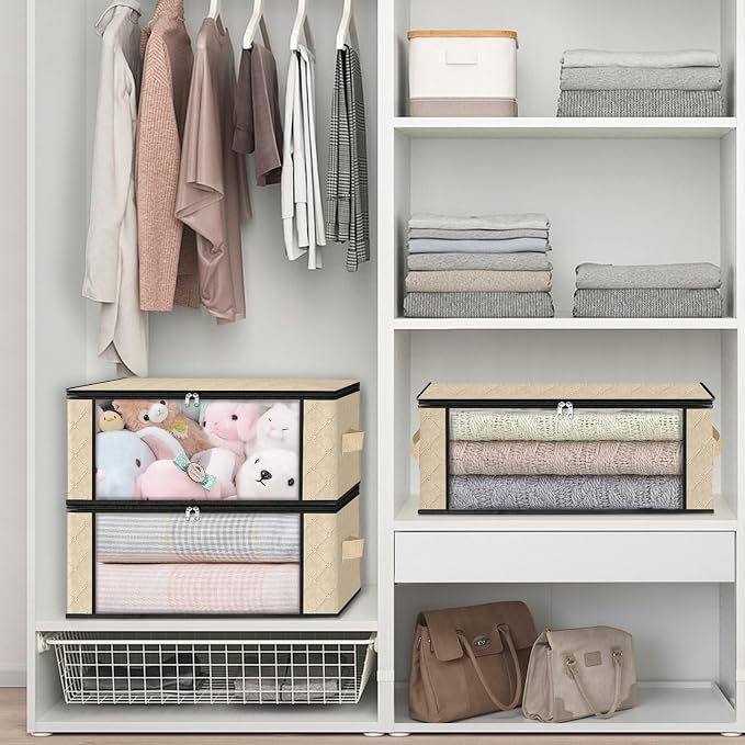 HomeHacks 8-Pack Clothes Organizer Storage Bags, 35L Storage Bins, Beige | Foldable Storage Box Container with Zippers, Clear Window, Reinforced Handles for Closet, Dorm, Pillows, Bedding, Sweater