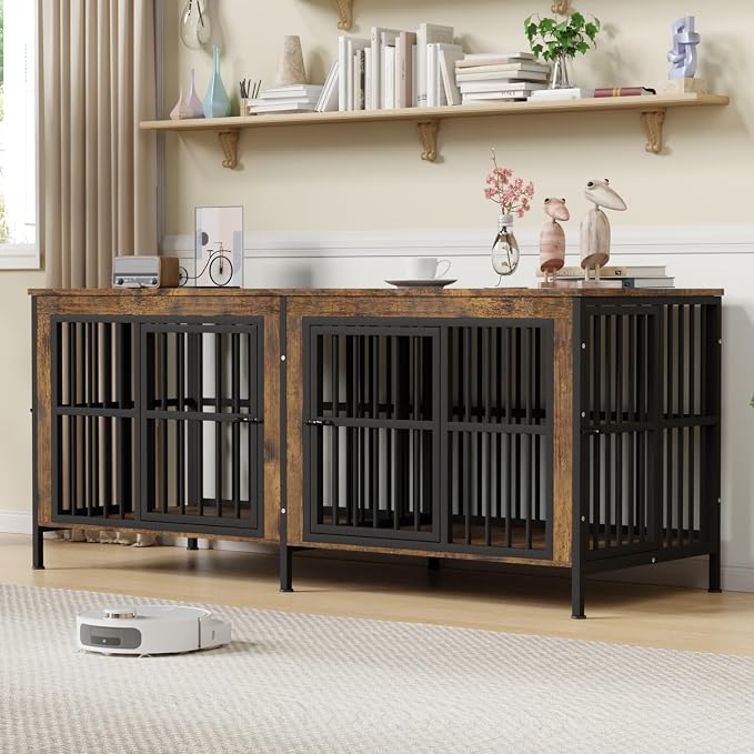 78" Double Dog Crate Furniture for Medium/Large Dogs, Brown | Thick wood, heavy-duty steel, 4-door escape-proof locks, waterproof scratch-resistant, extra-large, stylish, easy assembly