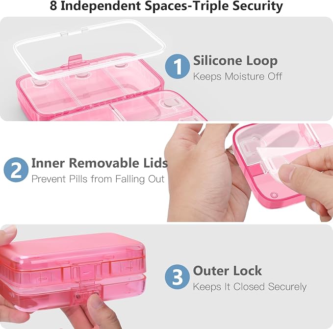 FYY Travel Pill Organizer, Large Weekly Medicine Pill Organizer-Hot Pink | Airtight Moistureproof Medicine Case, Easy to Use, 8 Compartment Pill Box for Vitamins, Fish Oil, Supplements, Mini First Aid