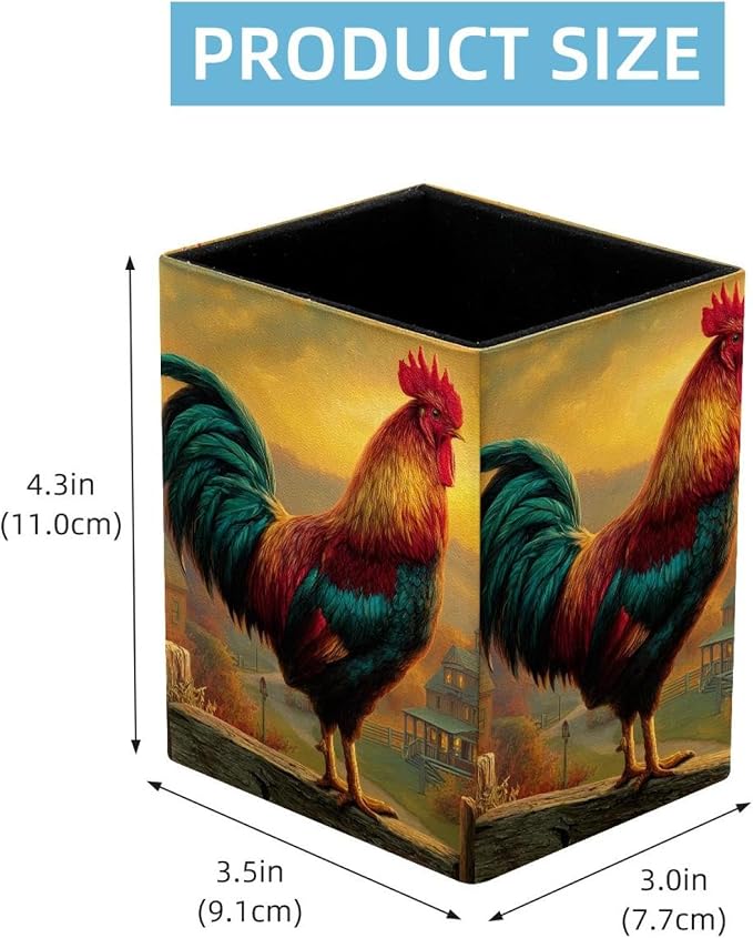 Rooster Pen Holder for Desk Decor, Rectangular PVC Leather Pencil Cup for Desk Pen Organizer, Makeup Brush Holder for School, Home, Office