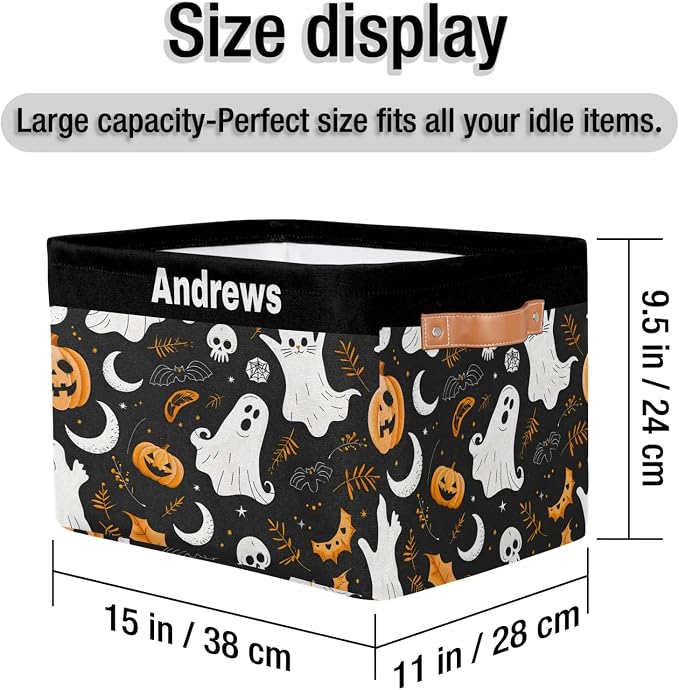 Custom Rectangular Baby Storage Basket, Kids Toys Bin, Books Shelf Basket, Clothes Towel Storage Bin for Nursery, Gift Basket, Pet Basket, Happy Halloween Ghost Pumpkins Bat Leaves