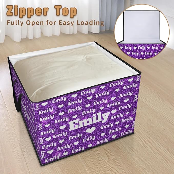 Personalized Extra Storage Bins with Lid, Customized Name Jumbo Storage Basket Rectangle Clothes Organizer for Organizing Kids and Pets Toys Shelf Closet, Love Heart Pattern Purple Sequins