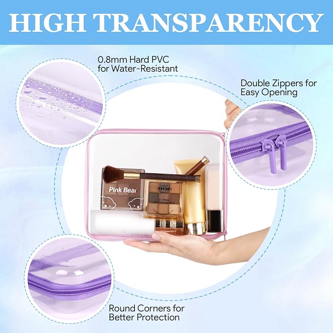 4 Pcs Clear Hard Shell Zipper Case, Hard Sided Pencil Case Clear Zipper Toys Puzzles Organizer, Travel Plastic Pouch for Makeup Storage Box, Building Blocks Bins
