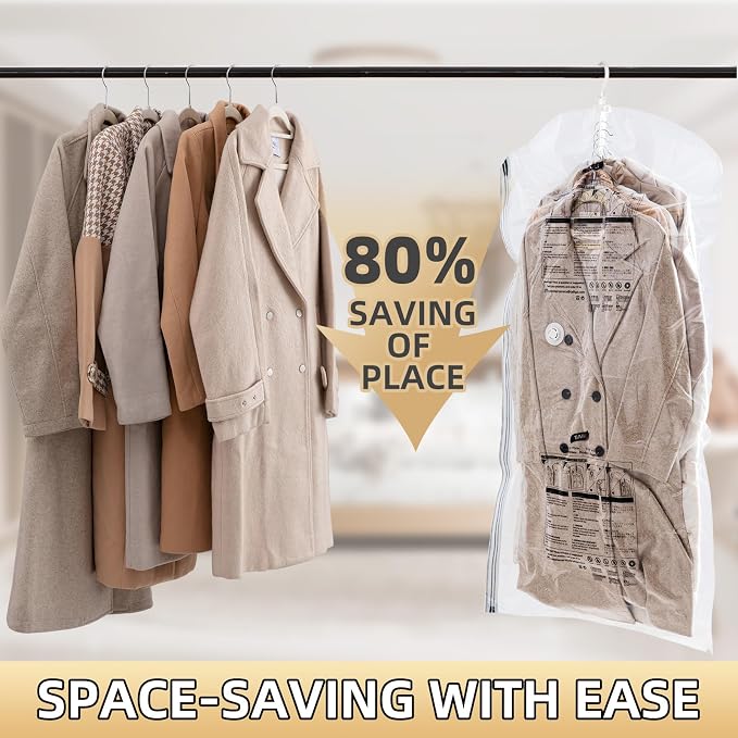 Hanging Vacuum Storage Bags, 6 Large Vacuum Pack Bags for Clothes Reusable Space Saver Bags Vacuum Compression Storage Bags for Winter Coats Wardrobe Coats, Suits & Dresses Garment 5-Ring Hangers | Vacuum Bag Clothing Vacuum Bag for Suits, Coats, Jacke...