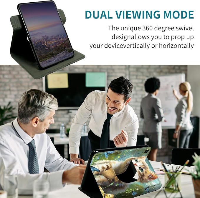 Case for Samsung Galaxy Tab A 8.0" 2017 SM-T380/T385, 360 Degree Rotating Stand with Multi-Angle Vertical & Horizontal Viewing Shockproof Protective Shell for Women Men, Lawn Cat Butterfly