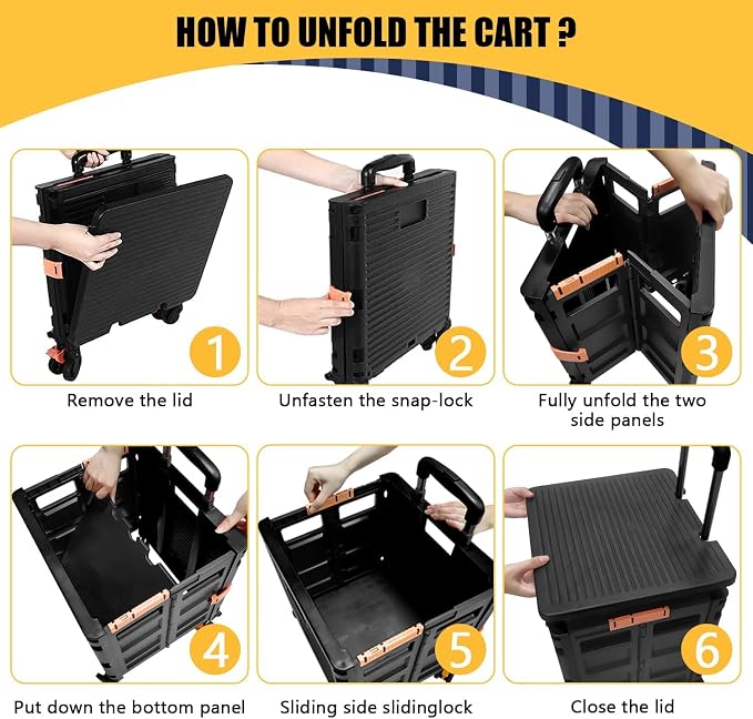Foldable Utility Cart Folding Portable Rolling Crate Handcart Handcart Shopping Trolley Wheel Box with Lid,360°Rotate Wheels,Heavy Duty Durable Dolly Cart for Teacher Tourist Shopping Office Outdoor