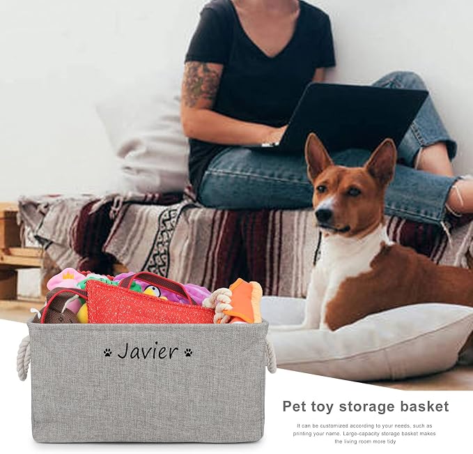 Personalized Dog Toy Storage Basket Bin, Customized Pet's Name Storage, Collapsible Organizer Box for Dog Toys, Clothing, Apparel & Accessories (Grey, L)