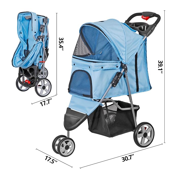 ZENY Pet Stroller for Small/Medium Dogs and Cats Foldable Dog Stroller | with 3 Wheels, Pet Strolling Cart, Dog Travel Carrier with Storage Basket, Cup Holder, Blue