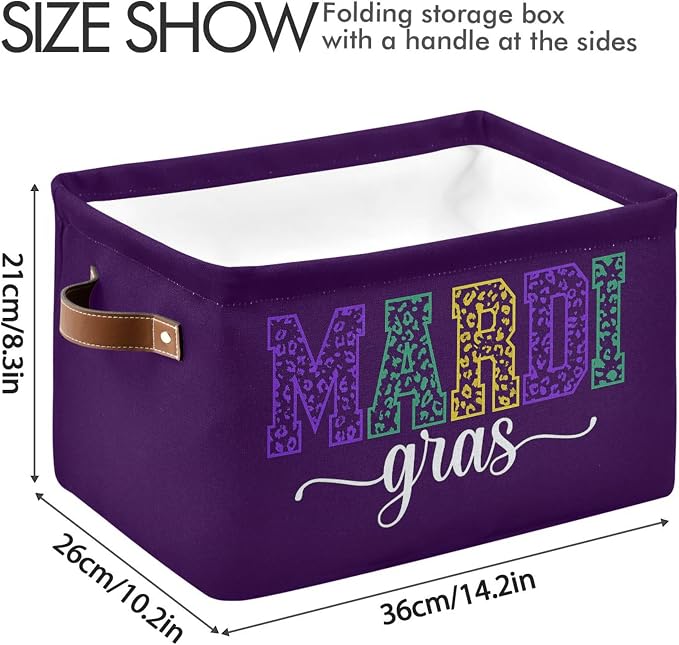 Wamika Happy Mardi Gras Purple Storage Basket with Waterproof Liner and PU Handles Fleur de Lis Storage Bins Boxes 14.2" Collapsible Decorative Organizer Baskets for Bedroom Closet Office 2 Pack