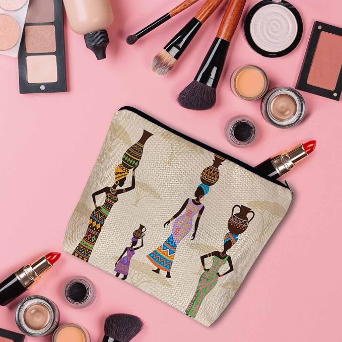 African Woman Makeup Bags Makeup Organizer, Black African Women With Vases Flax Toiletry Bags Travel Cosmetic Bag Makeup Purse Pouch Skincare Bag Wallet Bags For Women Female Mom Daughter