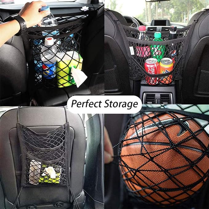 DYKESON Dog Car Net Barrier with Mesh Organizer, Pet Divider for Cars, SUVs | Upgraded Pet Barrier With Stretchable Storage Bag Pouch，Auto Backseat Net, Pet kids Safety Divider, Easy Install (3 Layer M)