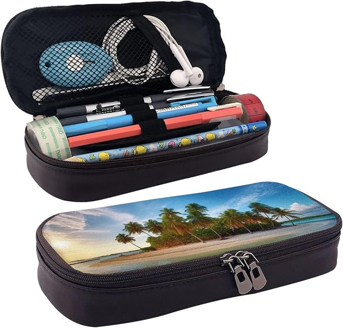 Leather Pencil Case Organizer Big Capacity Pencil Pouch Storage Bag With Compartments Cute Pencil Bag Overseas Islands Pen Box Portable Cosmetic Makeup Bag Organizer