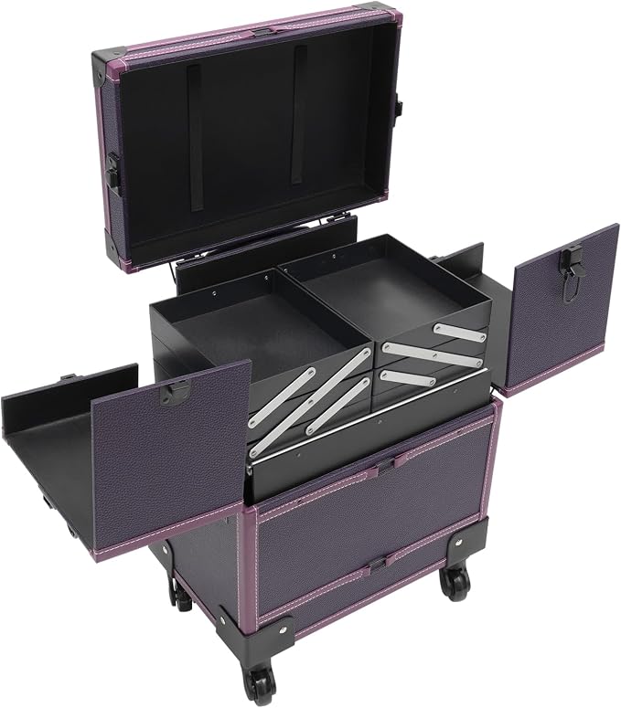 Rolling Makeup Train Case, Aluminum Cosmetic Trolley Organizer with Sliding Drawers, Barber Case with Key Swivel Wheels, Travel Cosmetic Organizer for Hair Stylists,Pet Groomers,Makeup Artists, Purple
