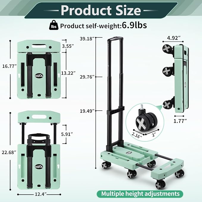 GtIiFmTe Foldable Hand Truck, Lightweight Luggage Cart for Airport Car Seat | Compact Folding dolly with Rotating swivel wheel,storage size12×15.7×4.1",300lbs Load,Upright Lock Handle with 3bungee cords