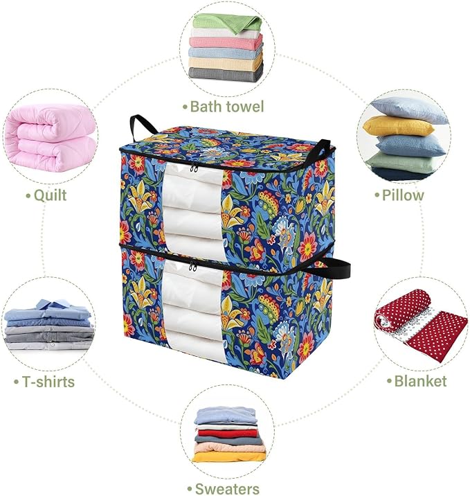 Generic Blue Boho Florals Clothes Storage Bag Bins 2 Pack Foldable Storage Containers Large Closet Organizer with Zipper Blanket Storage Bag for Comforters Clothing Bed Sheets 95L