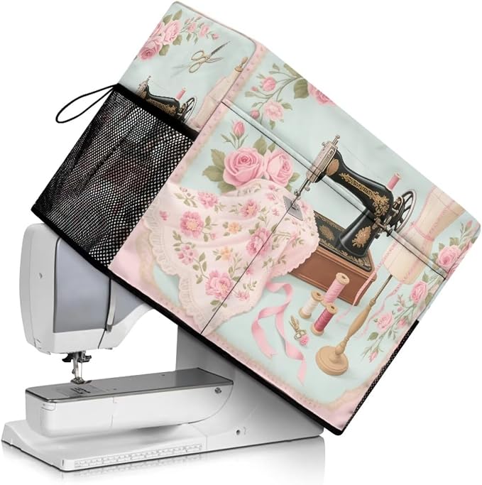 Rose Sewing Element Sewing Machine Cover with Storage Pockets,Dust & Pet Hair Protection,Fits Standard Singer, Brother and Janome Machines, Protecting & Decorating Your Sewing Space