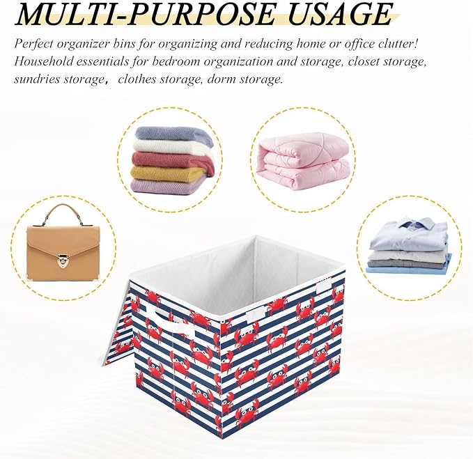 Storage Bins with Lid Crab Stripe Foldable Storage Boxes 40L Baskets | Decorative Storage Boxes, Dust-Proof Flip Top, Reinforced Handles, For Home & Bedroom, Clothes & Toy Box, Sea Fabric Print