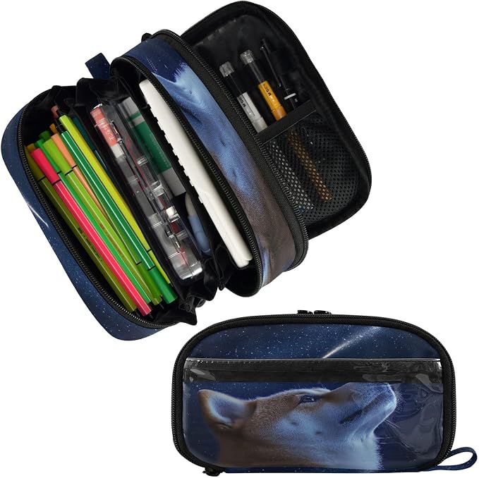 SUABO Pet Dog Shooting Star Pencil Case Large Pen Stationery Bag | Pencil Pouch Stationery Organizer with Compartments, Transparent PVC Layer, School Office Supplies for Kids Adults