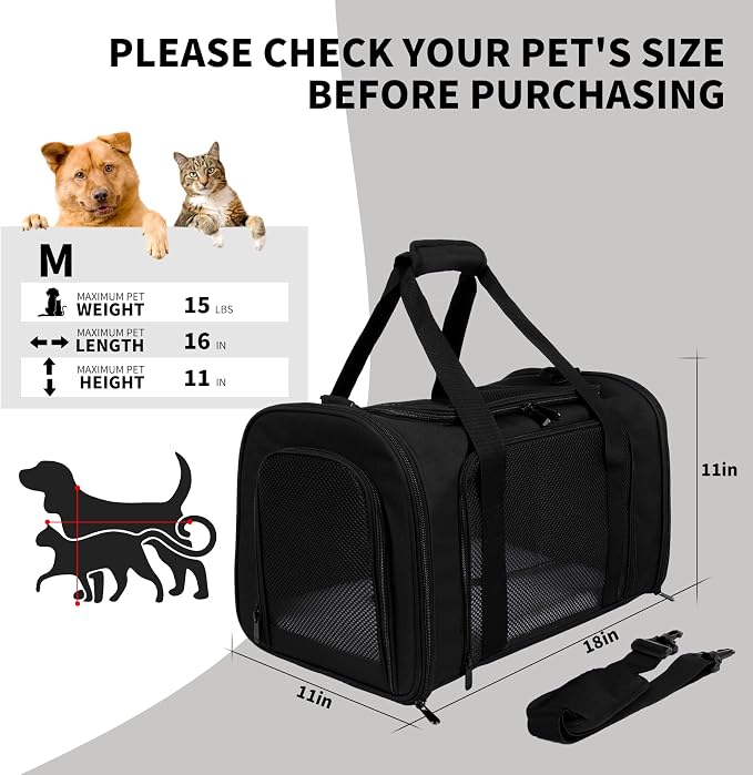 Carriers Soft-Sided Pet Carrier for Cats Dogs Under 15 lbs,TSA Airline Approved with 4 Ventilated Windows(Medium,Black)