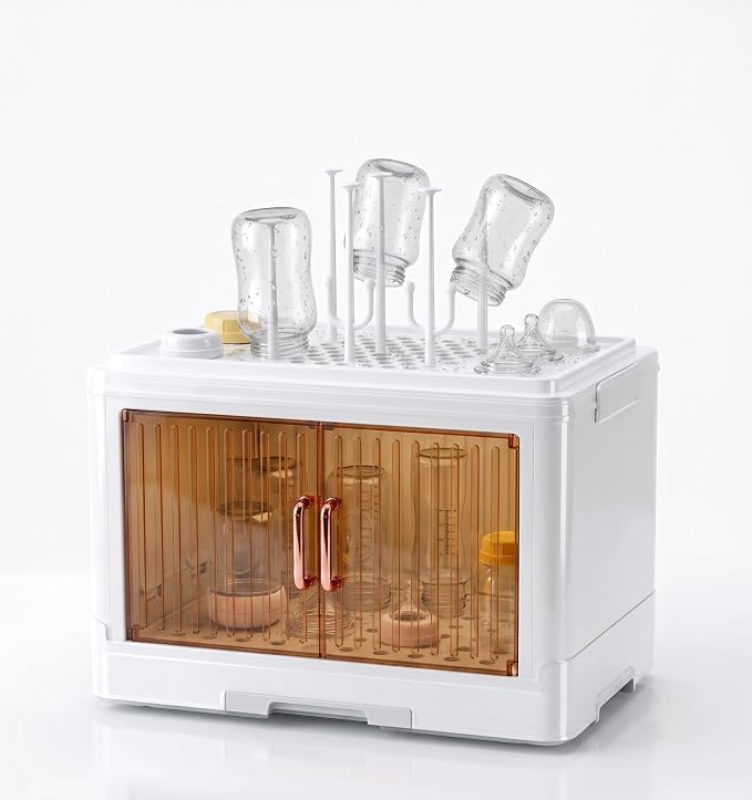 Vessy Baby Bottle Organizer for countertop with Drying Rack, Cover Dustproof Baby Bottle Storage Box Cabinet Station Essentials Clear Doors Plastic Storage Organizer White