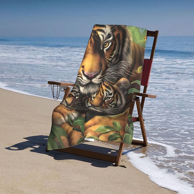Tiger Family Beach Towel 31inx51in, Wildlife Sand-Free Microfiber Bath Towel Ultra Soft Quick Dry Pool Towel Absorbent Towel Lightweight Towel for Swimming Bathroom Decor