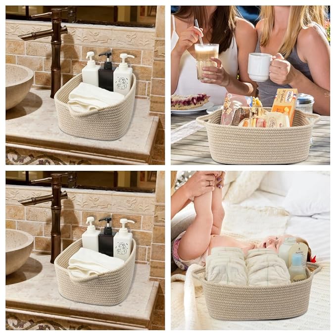 XUANGUO Medium Woven Cotton Rope Storage Basket with Handles, Oatmeal | Small decorative rectangle storage bin for baby nursery items and cat toys; ideal as an empty gift basket or dog toy basket
