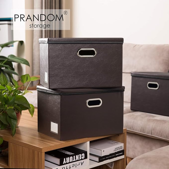 Large Stackable Storage Boxes with Lids [5-Pack] Leather Fabric Foldable Storage Bins Organizer Containers Baskets Cubes with Cover for Bedroom Closet Office Nursery Brown(17.7x11.8x11.8)