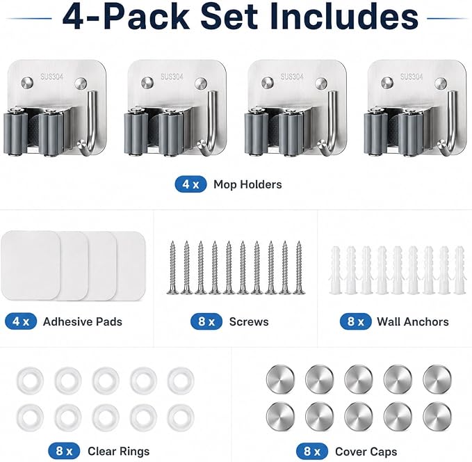 Broom Holder Wall Mount 4 Pack, Heavy Duty Mop and Broom Hanger with Hooks | Innovihue 304 Stainless Steel Broom Hanger, Self Adhesive or Screw Mount Organizer for Kitchen Laundry Garage