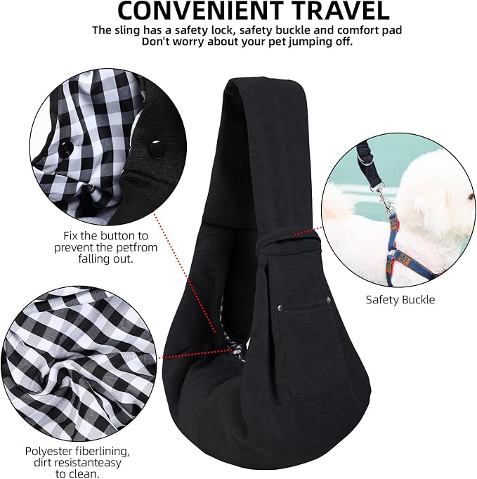 ARZQUT Dog and Cats Carrier Sling, Small Pet Carrier with Storage Pocket | Reversible Puppy Sling Carrier, Safety Buckle, Storage bag, Machine Washable for Travel, Outdoor Activitie, Hand-Free, Black
