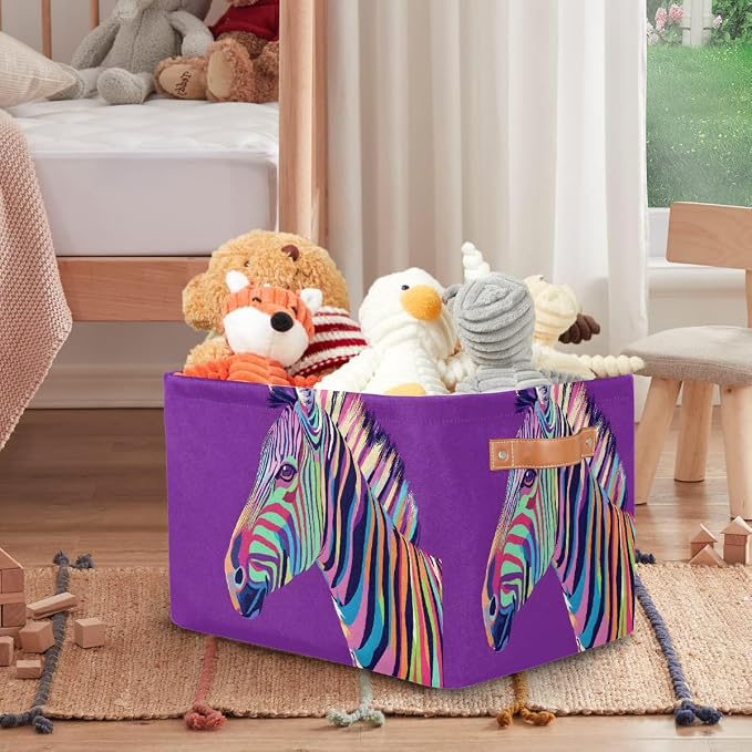 Pardick Storage Baskets Bin, Animal Zebra Collapsible Canvas Fabric Storage Bin Decorative Baskets Toy Organizer Rectangle Storage Boxes with Handles for Home Shelves Nursery,1Pack,A-1812
