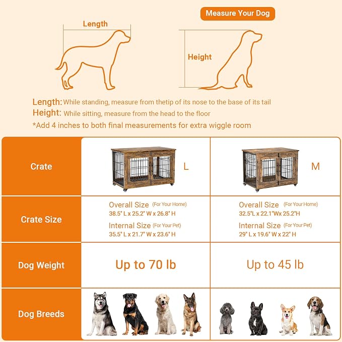 Large Dog Crate Furniture, 38'' Heavy Duty Wood Kennel w/Cushion & Wheels | Rustic Brown, Double Doors, Wooden Dog Cage, Chew-Resistant, End Table, Decorative, 27"/32"/38"/44" Options, Indoor