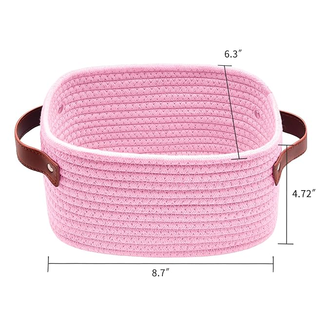 ABenkle Small Storage Basket, Mini Baskets with Handle, Cute Cotton Woven Baskets for Shelves, Boho Decorative Toy Storage Bin for Nursery, Spa, Empty Gift Basket - XS, Pink