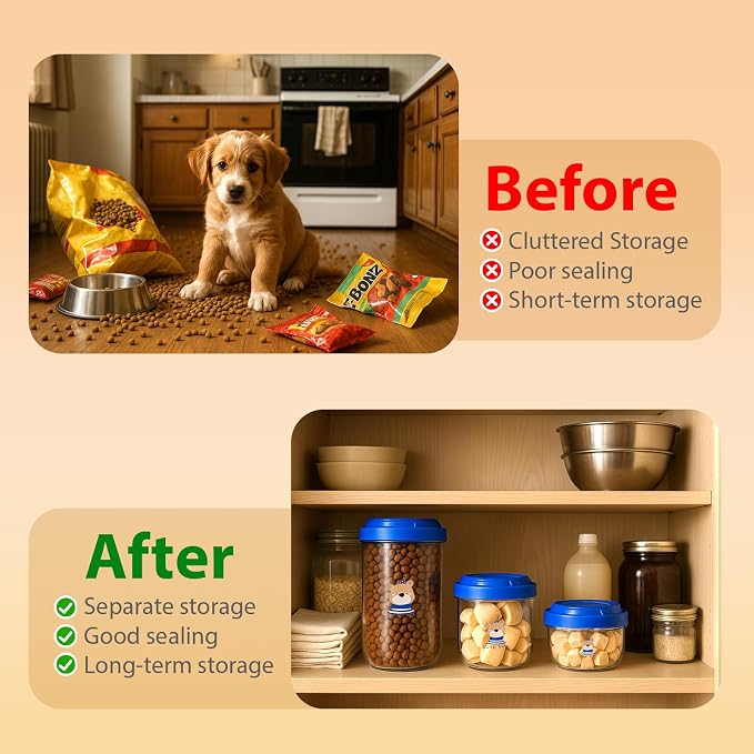 3-Pack Airtight Dog Treat Container Set - Clear Plastic Pet Food Storage Canisters for Kitchen Counter Pantry Organization - Small Stackable Jars for Cat Snacks, Bird Hamster Food, Blue Lids