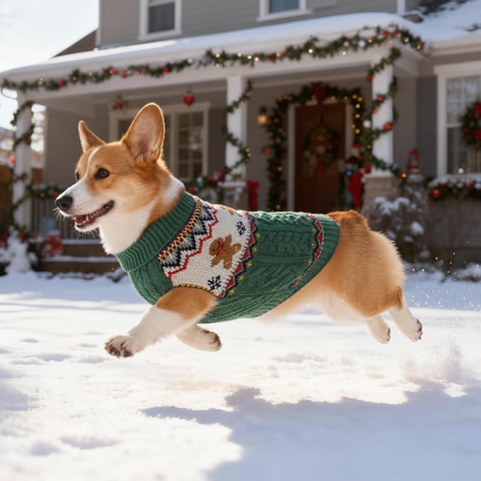 Dog Christmas Sweater Puppy Soft Holiday Xmas Clothes Pet Gingerbread Man Outfit for Small Medium Dogs and Cats Winter Warm Knitwear (Green, Small)