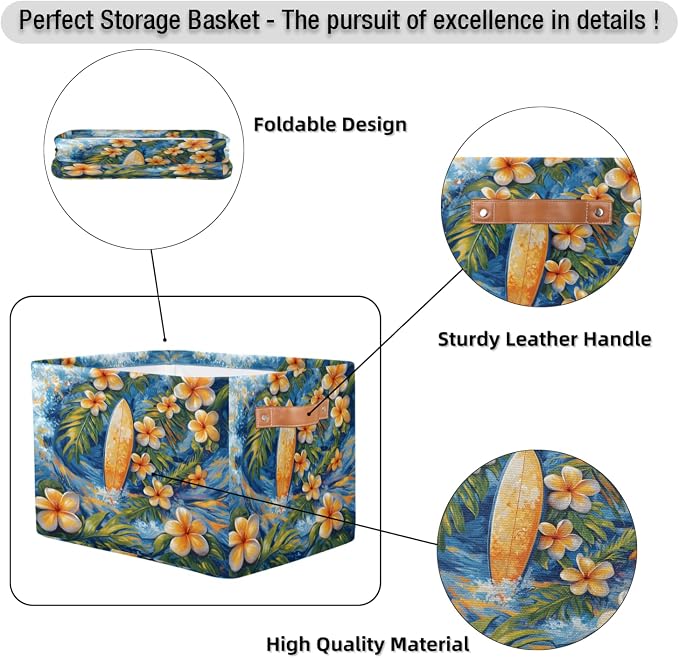 Hawaiian Plumeria Flowers Storage Boxes Theme Storage Nursery Baskets with Handle Closet Collapsible Organizer Shelf Bins for Book Cloth 15x11x9.5 IN