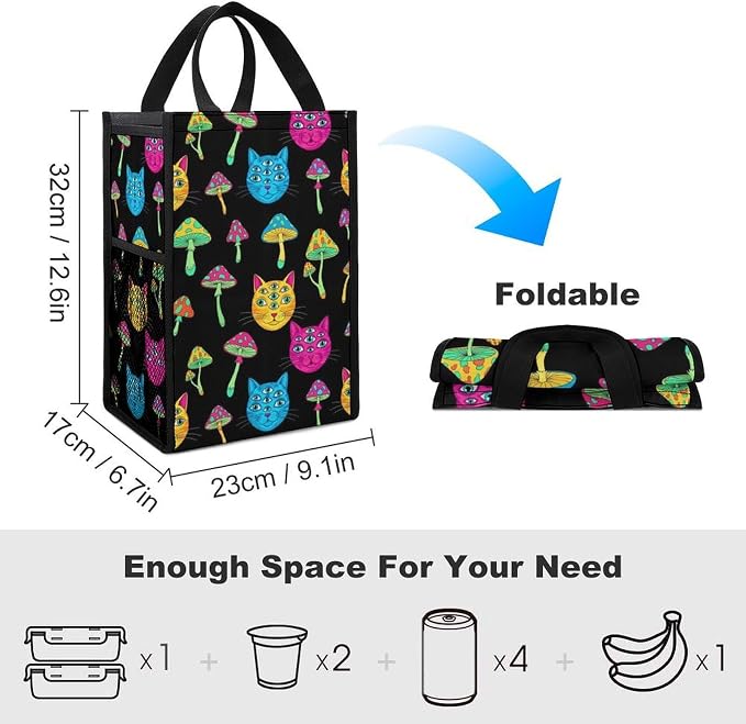 Reusable Insulated Lunch Bag Thermal Food Containers Organizer Lunch Cooler Totes Compatible with Halloween Trippy Eyes Black Cat Mushrooms Lunchbox for Picnic Office