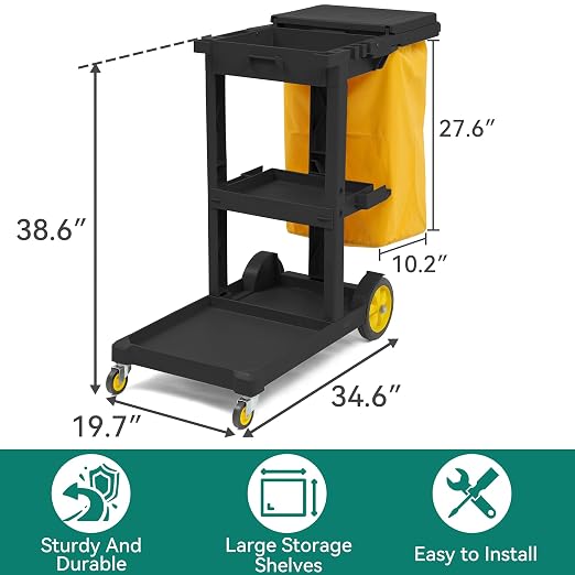 YITAHOME Black Housekeeping Carts, Janitorial Cleaning Cart on Wheels | 3-Shelf Commercial Traditional Plastic Janitor Cart with Lid & 2 Yellow 25 Gallon Vinyl Bag, Mop & Broom Holders