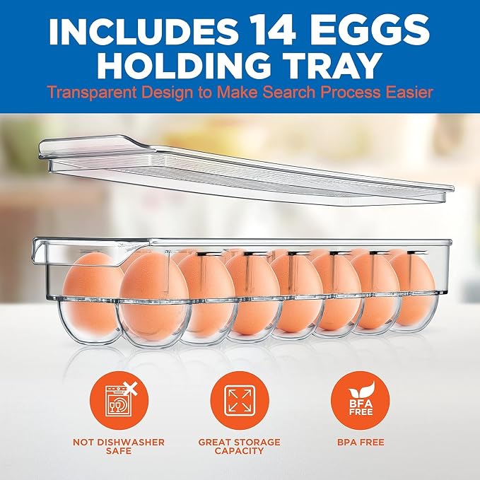 NutriChef Refrigerator Organizer Bins 6-Piece - Plastic Storage Bins with Egg Holder - For Fridge, Freezer, Kitchen, Cabinet, Countertops, Pantry - Stackable Food & Drink Containers, 14.5"x7" - Clear