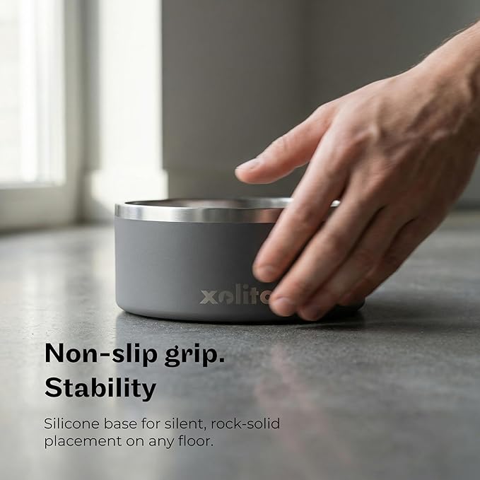 Xolito Pets Stainless Steel Dog Bowl 64 oz - Non-Slip Insulated Water Bowl for Large Dogs - Heavy Duty Double Wall Metal Feeder for Food & Water, Dishwasher Safe (Grey)