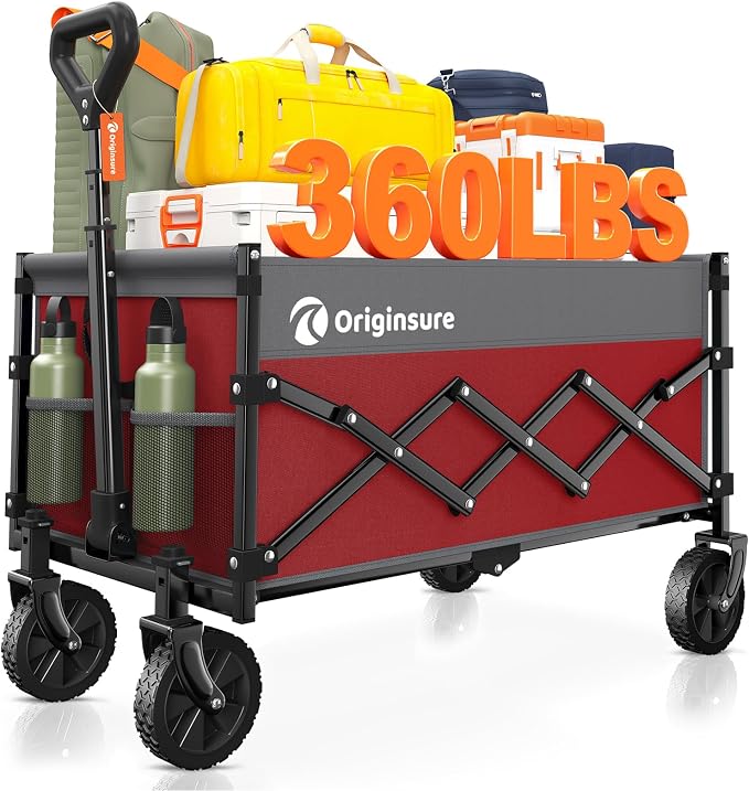 Originsure 110L Portable Foldable Wagon Cart, 360lbs Heavy Duty, Grey&Red | All-Terrain Wheels,Solid Steel Frame,Adjustable Handle,Compact&Space-Saving,Utility for Camping,Sports,Grocery,Garden