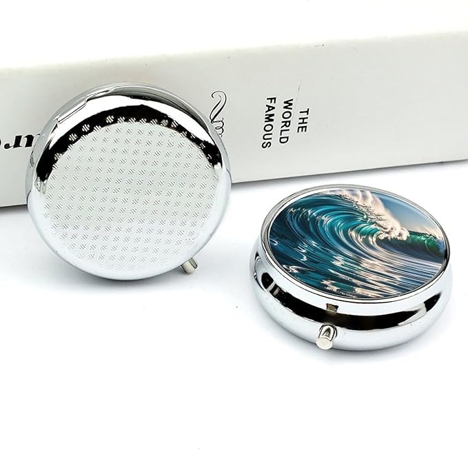 3 Compartment Medicine Pill Case, Ocean Waves Round Pill Box, Portable Decorative Medicine Organizer for Pocket Or Purse Vitamin Organize