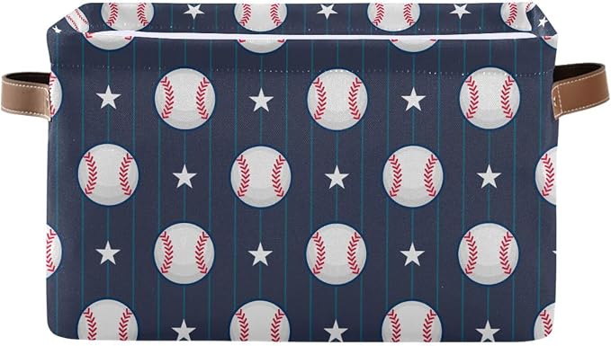 Rectangular Storage Bin Baseball Blue Print Storage Baskets with Handles Toy Bins Shelf Basket for Nursery Room Kids Toy Pets Closet