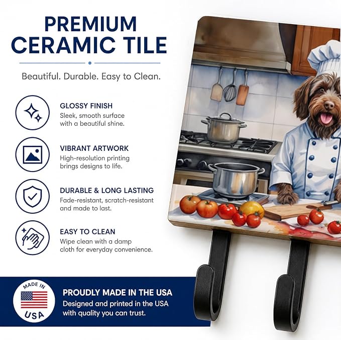 Caroline's Treasures Wirehaired Pointing Griffon The Chef Leash or Key Holder Wall Hooks, Key Hooks Holder, Coat Rack Wall Mount, Coat Hooks, Hooks for Hanging Keys, Towels, Aprons, Leashes | Wirehaired Pointing Griffon The Chef artwork on ceramic tile...