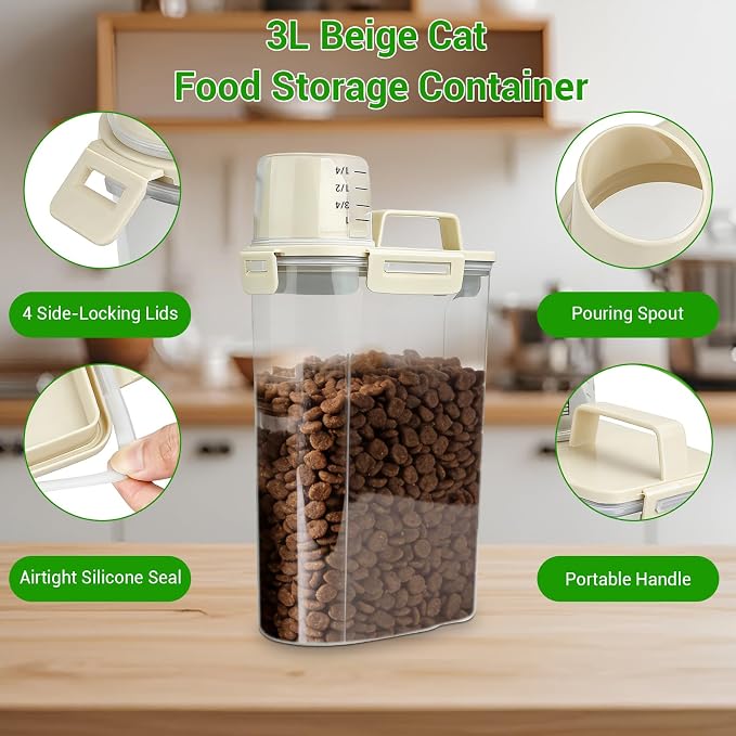 Cat Dog Food Storage Container, 3–5Lbs Portable Pet Food Storage Containers with Cup & Silicone Can Lids for Canned Food Spoon, Small Animal Kibble Dispenser for Bird Seed Cereals Clear/Beige