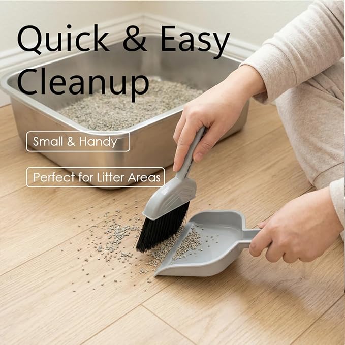 4-in-1 Cat Litter Scoop with Holder, Cat Litter Box Organizer Cleanup Kit - Portable Small Broom and Dustpan Set, Metal Kitty Litter Scooper and Storage Caddy (Gray)