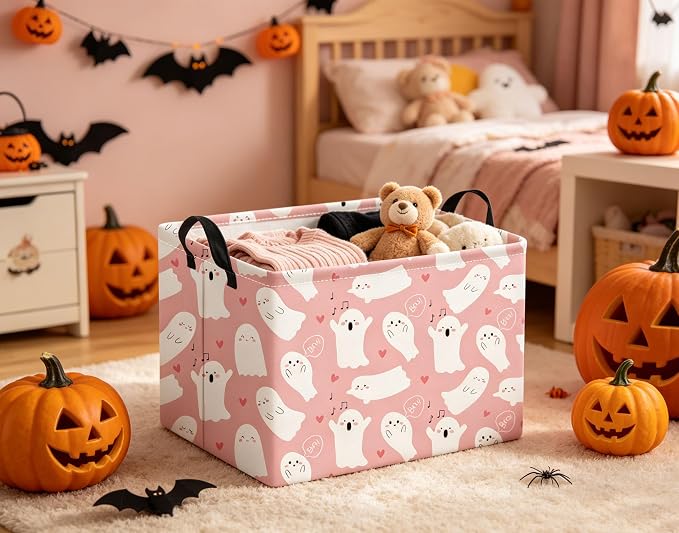 Halloween Basket Cute Baskets for Kids Pumpkin Basket Rectangular Storage Bin Organizer Box Room Decor(Pink Singing Ghost)