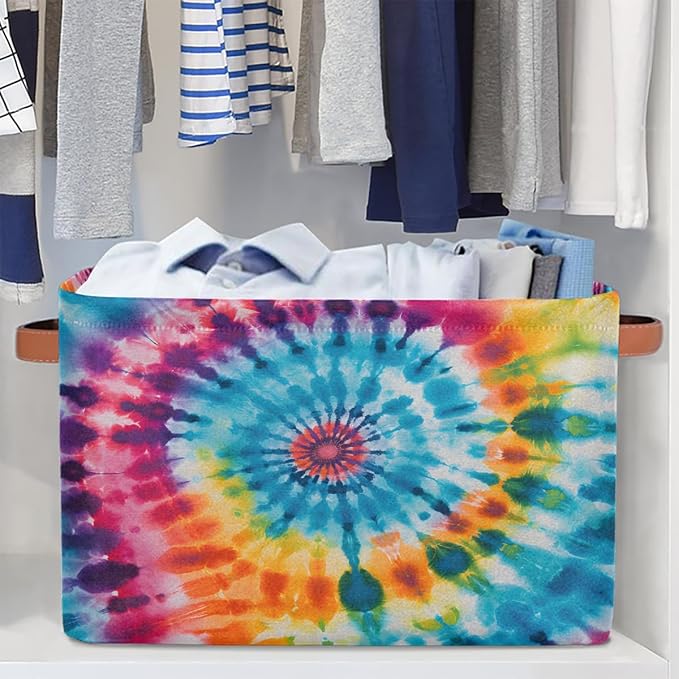 AUUXVA Storage Basket Abstract Swirl Tie Dye Pattern Storage Cube Box Durable Canvas Collapsible Toy Basket Organizer Bin with Handles for Shelf Closet Bedroom Home Office