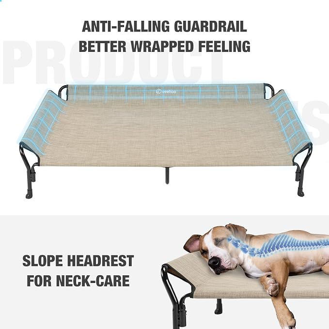 Veehoo Cooling Elevated Dog Bed, XL Raised Dog Cot with Guardrail & Headrest
