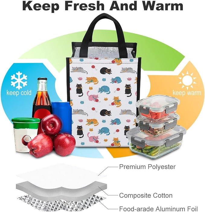 Insulated Lunch Bags Compatible with Cats, Reusable Thermal Lunchbox Totes with Mesh Pocket Portable Lunch Organizer Food Bag