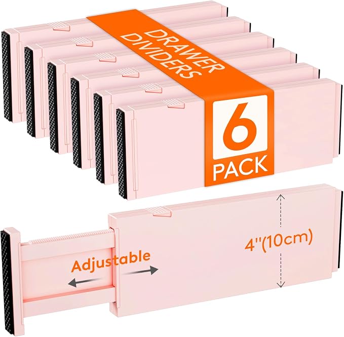 Lifewit 4" High Upgrade Drawer Divider, Adjustable Drawer Organizer Clothes | 6 Pack 11"-17" Expandable Pink Plastic Drawer Separator for Dresser, Kitchen, Closet, Nursery, Office Organization & Storage